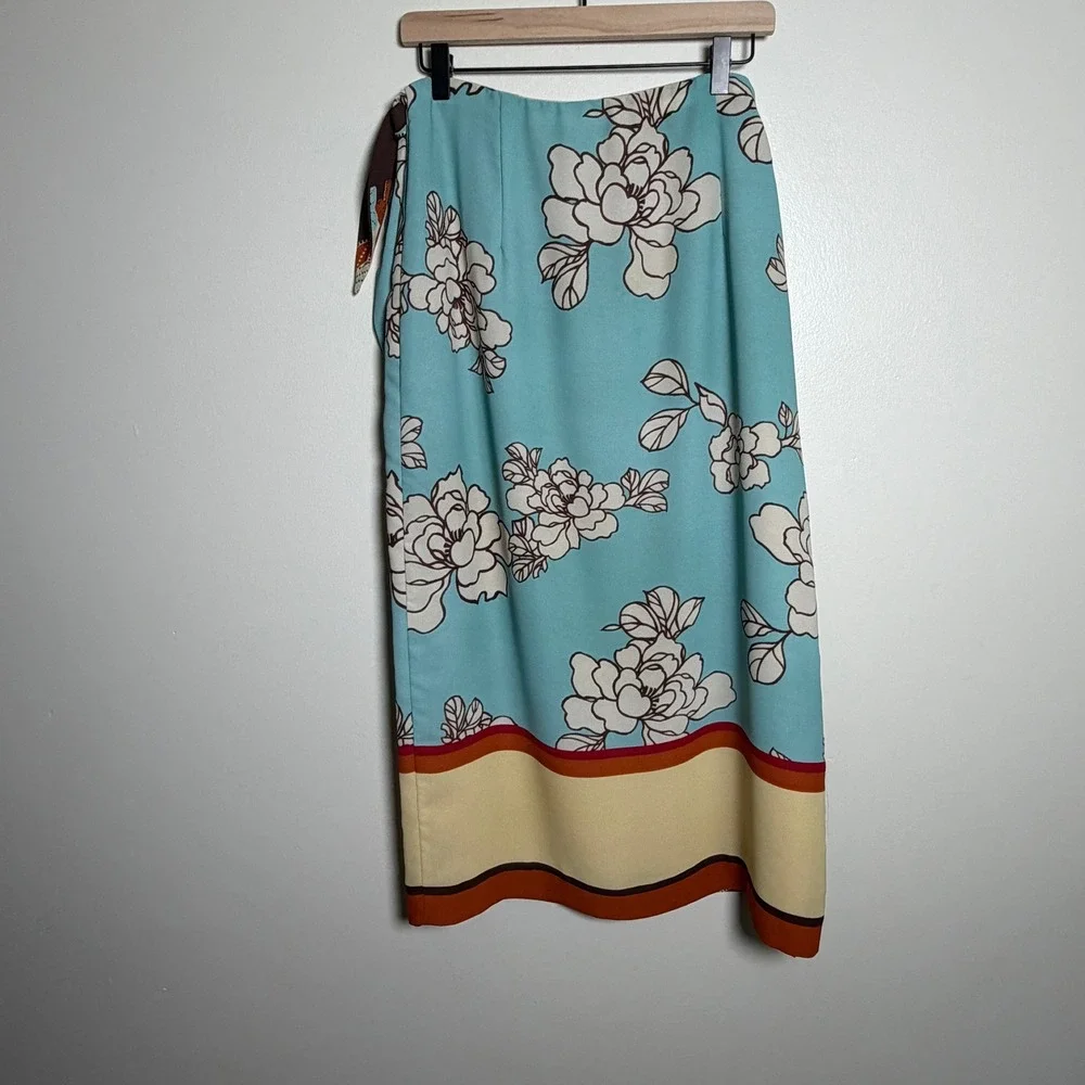 Pendleton Floral Wrap Skirt Brown Turquoise Mixed Botanical Midi Size 14 USA